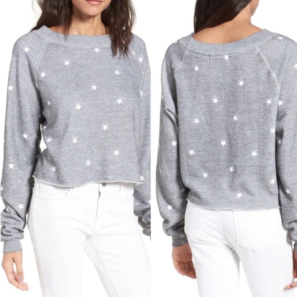 Wildfox Monte Football Star Gray & White Cropped Sweatshirt Fleece Lined Size L